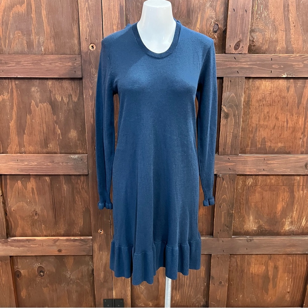 LOFT Navy Long-Sleeve Ruffle-Hem Knit Dress